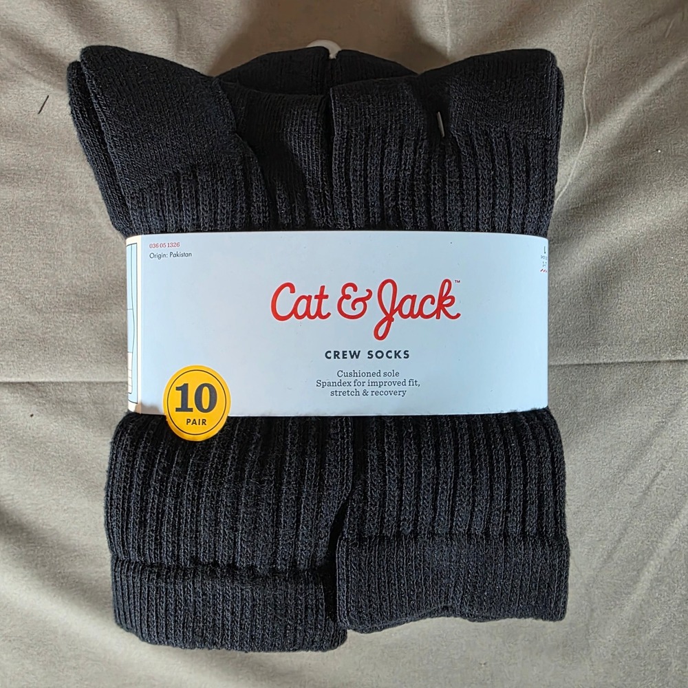 Cat & Jack Kids Crew Socks 10 Pair‎ Pack Black Cushioned Sole Size L 3-7
